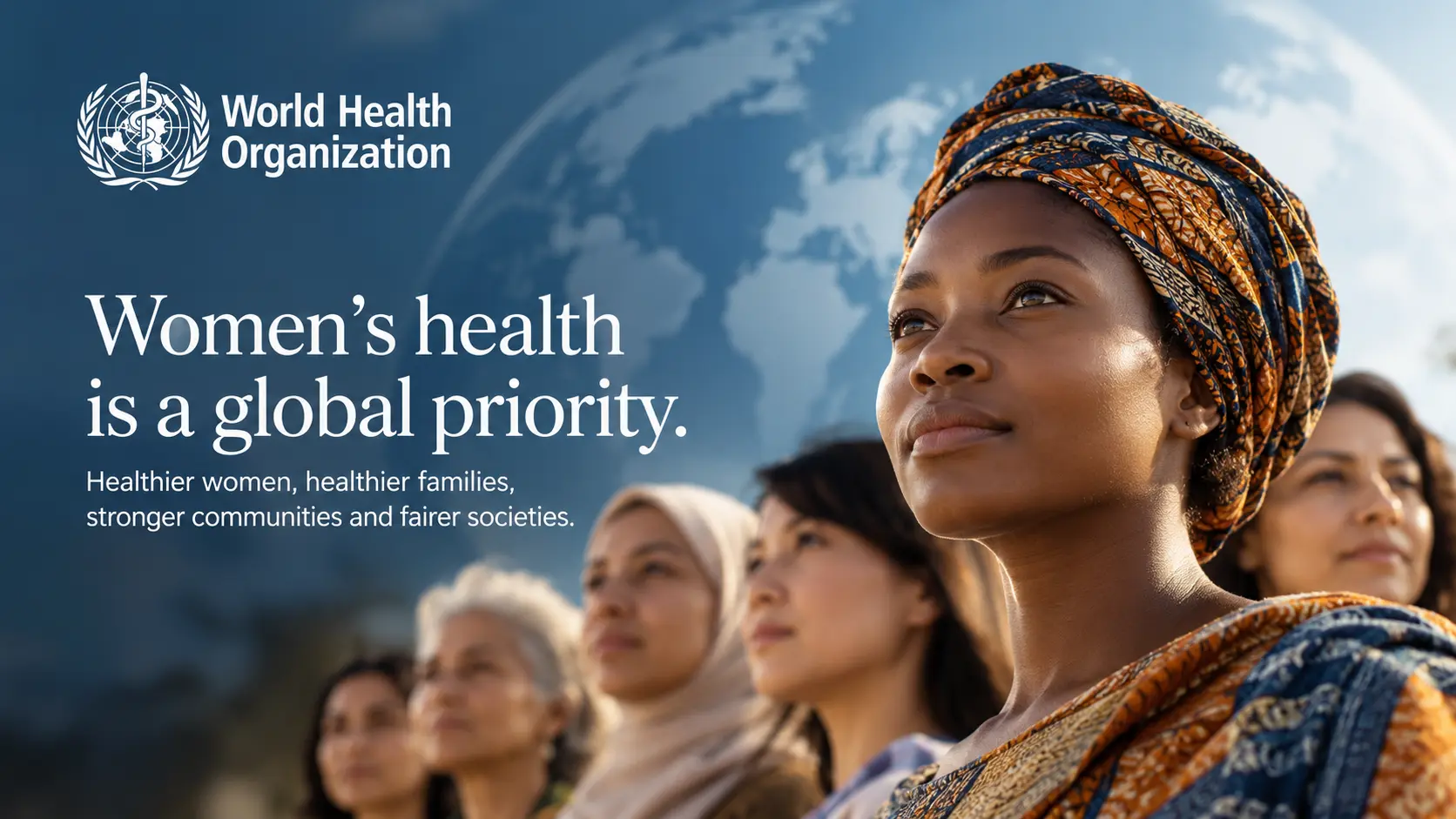Women of different ages and backgrounds looking ahead beneath a globe, with the words “Women’s health is a global priority.”