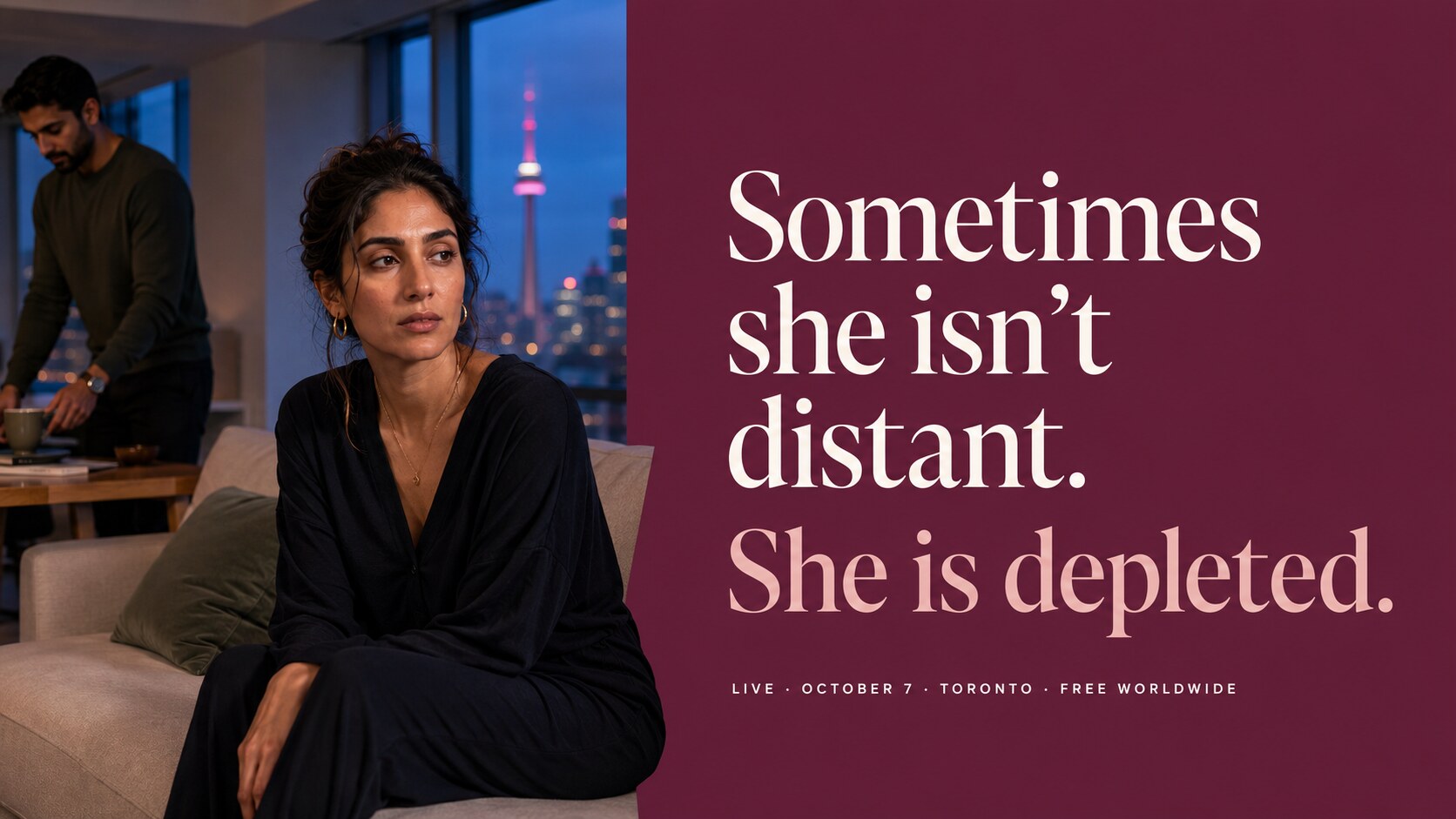 A woman sitting in quiet reflection at home in Toronto