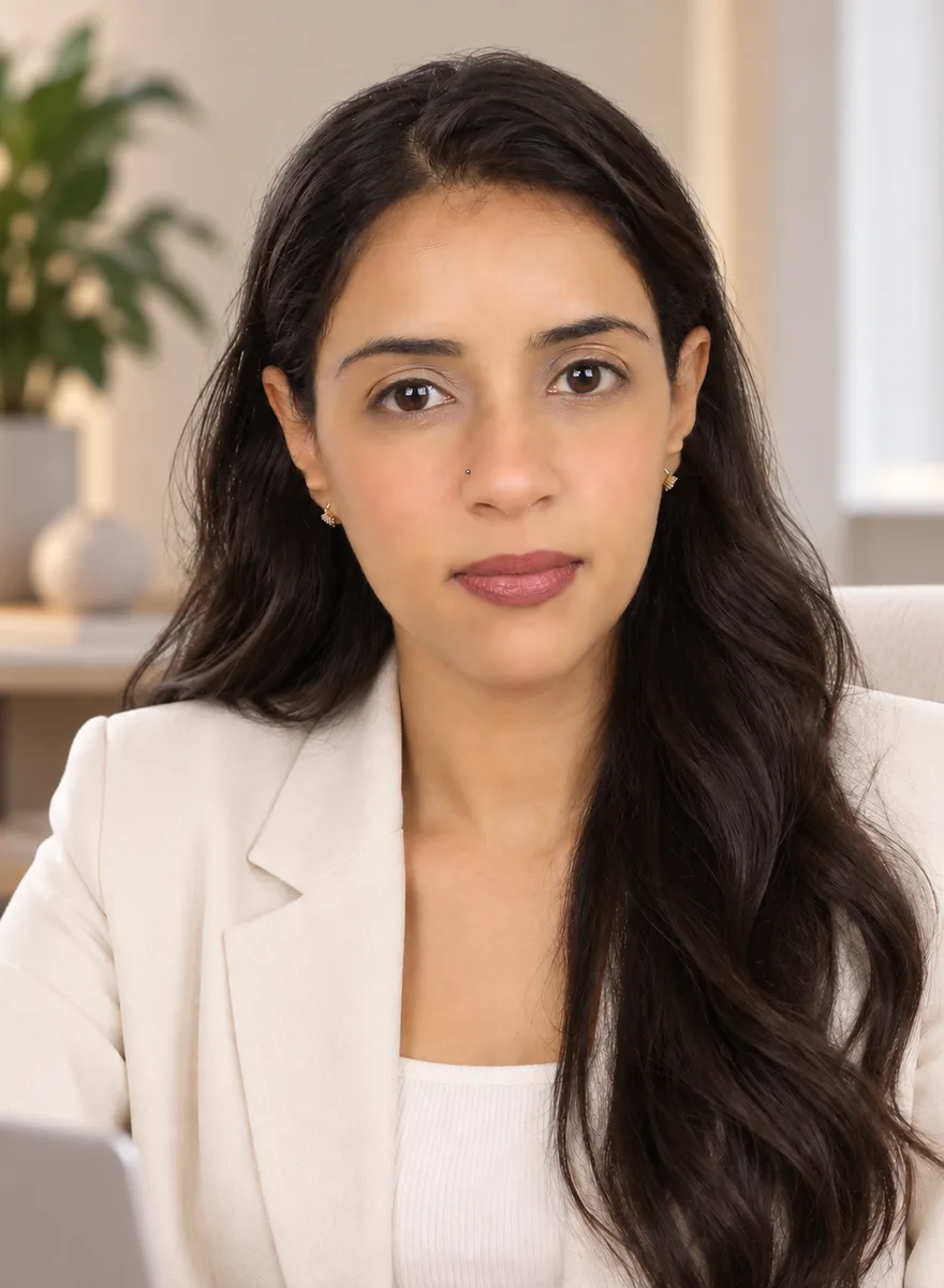 Portrait of Menna Zakaria with long dark hair, wearing a cream blazer